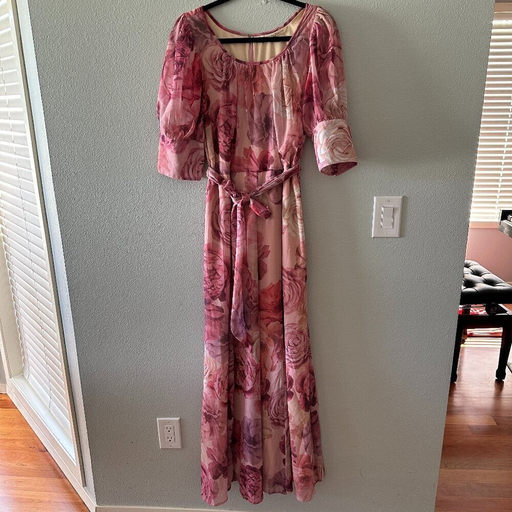 Wayward Fancies Eshakti Pink Purple Rose Floral Maxi Dress Medium 8 10 Wedding